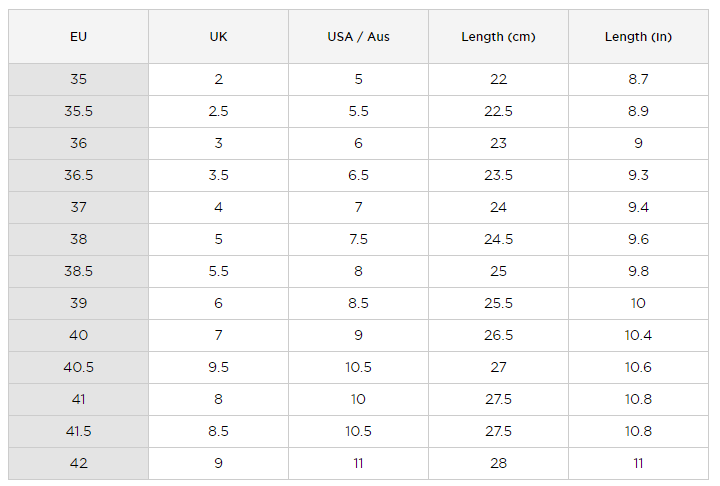 Size chart deals 38 eu